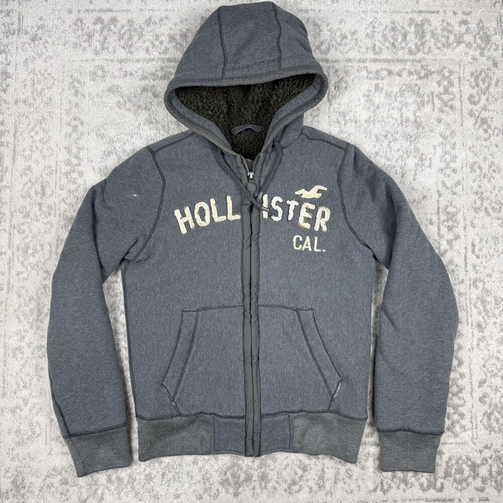 VTG Hollister Hoodie Men Full Zip Faux Fur Sherpa Jacket Y2K Gray Size Medium